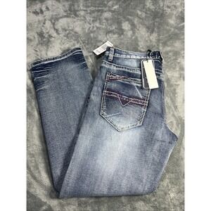 True Luck Jeans Mens Classic Embroider Red Straight Fit Size 34 x 30 Stretch NEW